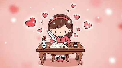 Adorable Chibi Girl Writing a Romantic Love Letter with Feather Quill and Ink on a Vintage Wooden Desk Surrounded by Floating Hearts on a Kawaii Pink Background