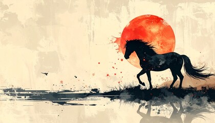 Silhouette of horse under Japanese pine tree beside red full moon and traditional elements of bamboo and plum blossoms, peaceful ink painting style night scene