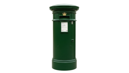 Isolated vintage green British post box, pillar box, a traditional symbol of the UK postal system