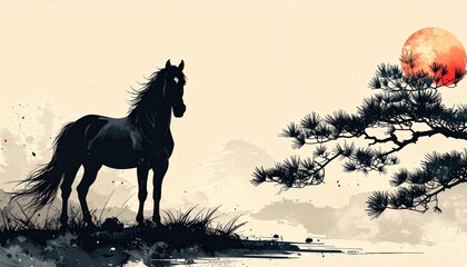 Minimal Japanese-style horse silhouette standing quietly by a calm lakeside, with soft mountains, pine branches, and serene natural atmosphere creating a peaceful traditional aesthetic