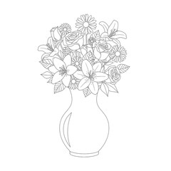 Elegant Line Drawing of a Floral Bouquet in a Classic Vase for Artistic and Decorative Design