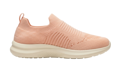 Isolated low-cut peach-color slip-on casual shoe with lightweight rubber sole, sporty design