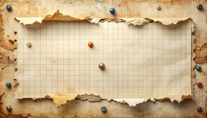 Vintage torn grid paper background with colorful push pins, textured scrapbook layout, creative note space, and retro stationery design perfect for messages, reminders, and decorative craft projects