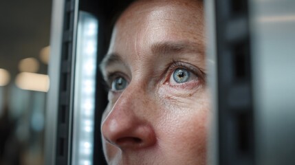Medium shot capturing an individual looking directly into a retina scanner for hightech biometric authentication at a restricted facility entrance.