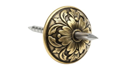 Isolated furniture tack with decorative floral pattern, upholstery nail, interior decor metal