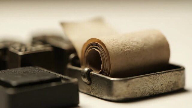 A nostalgic close-up of a vintage rolled paper scroll and letterpress type with an old printing press sound.