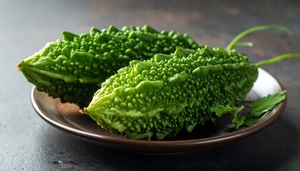Two vibrant green bitter melons on a brown plate, close-up view