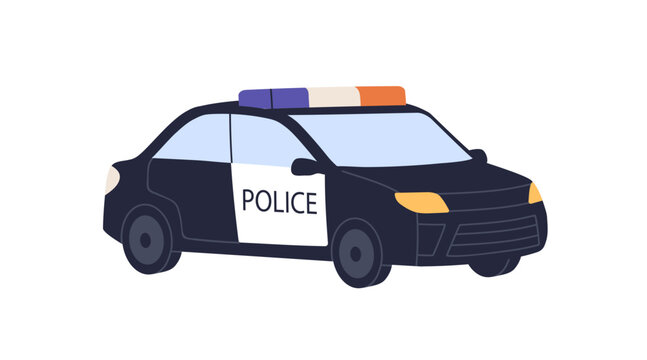 Police patrol car. 911 service, cop vehicle with siren lights and signs. Automobile, official policeman auto transport for emergency, security. Flat vector illustration isolated on white background