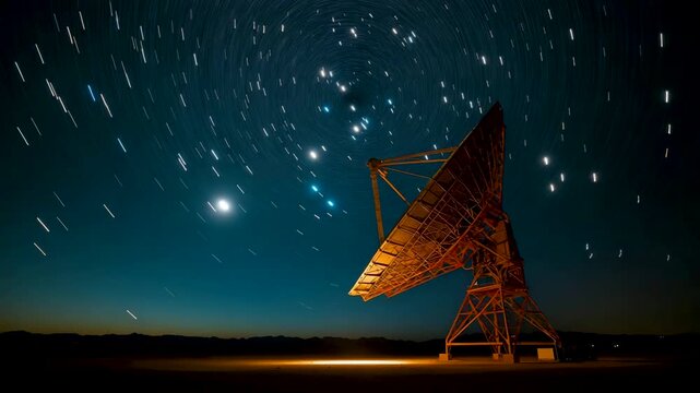 Large radio telescope antenna under starry night sky with visible star trails and horizon glow
