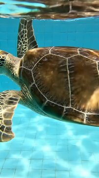 Sea turtle swims gracefully in clear blue water. Engaging aquatic scene captures beauty of marine life. Vertical movement enhances underwater exploration.