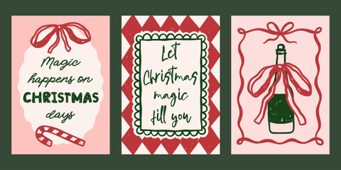 Whimsical Christmas vector cards set. Vintage retro holidays print designs with champagne bottle illustration, festive quotes in coquette frames