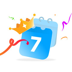 illustration of calendar with number seven, crown, gift ribbon. 7 day free premium trial, limited time access, exclusive promotional offer. for subscription services, app or web premium memberships