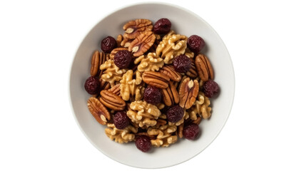 Isolated bowl of pecans, walnuts, and cranberries, a healthy mix for a nutritious snack
