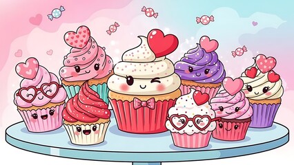 Adorable Kawaii Cupcake Characters on a Dessert Stand &ndash; Group of Charming Cartoon Sweets with Heart Decorations for Valentine's Day, Birthday, or Sweet Celebration Vector Illustration.