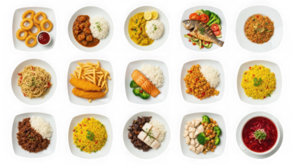 Collection of 15 different cooked meals and food dishes served on white plates isolated on transparent background