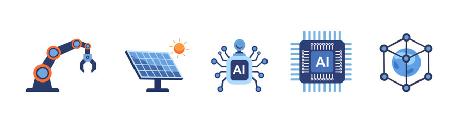 Modern innovation technology icons robotics, solar energy, artificial intelligence, and interconnected digital systems for future industries