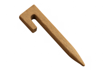Wooden tent peg anchor holding camping rope