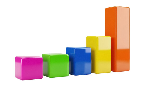 Isolated Colorful Bar Graph Chart Increasing Growth Concept, Shiny 3D Cubes, Progress