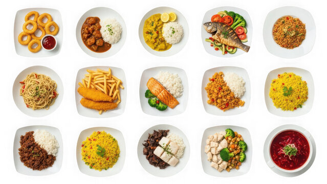 Collection of 15 different cooked meals and food dishes served on white plates isolated on transparent background