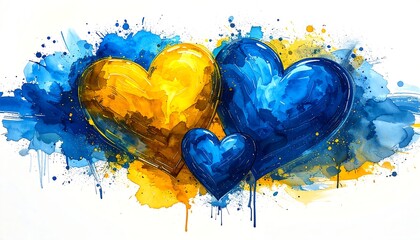 Watercolor art of hearts; yellow and blue on white background