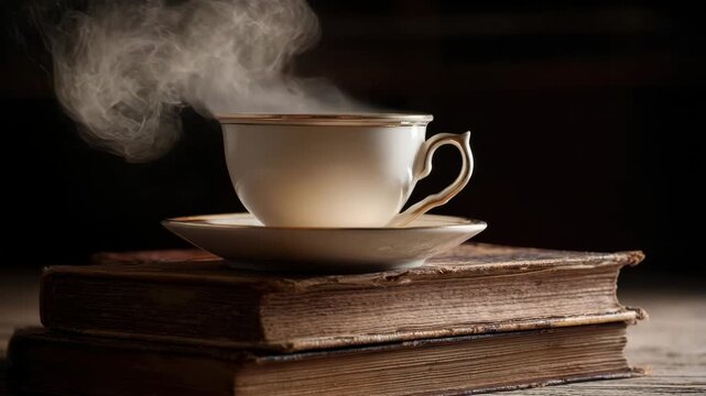 Steaming Coffee Cup on Antique Books with Dark Background and Wooden Table