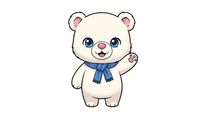 Isolated cute bear cub waves a paw wearing scarf, charming character, cartoon animal art