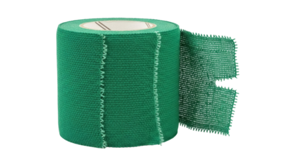 Isolated roll of green elastic bandage, with a torn piece, used for sports injuries and sprains