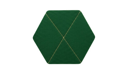 Isolated hexagonal cushion in green with golden stitching, soft seat for furniture, interior