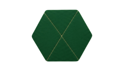 Isolated hexagonal cushion in green with golden stitching, soft seat for furniture, interior