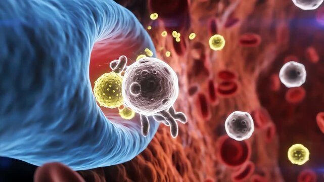 Microscopic view of the immune system fighting pathogens inside a blood vessel with red blood cells
