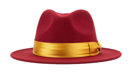 Isolated maroon fedora hat with gold ribbon, vintage style, men's or women's fashion headwear