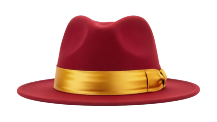 Isolated maroon fedora hat with gold ribbon, vintage style, men's or women's fashion headwear