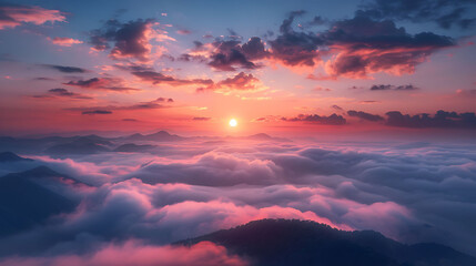 Breathtaking Sunrise Over Fog Covered Mountains
