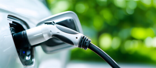 Close-up of an electric vehicle charging connector plugged in, symbolizing e-mobility and decarbonization. Clean transport technology concept for sustainability, innovation, and future energy.