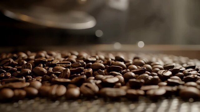 Close up of freshly roasted coffee beans tumbling and falling in a coffee roaster machine with steam rising