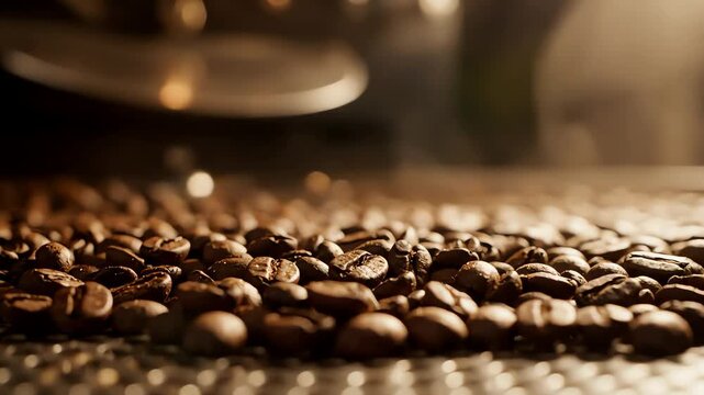 Close up macro shot of freshly roasted coffee beans tumbling in a coffee roaster with steam rising