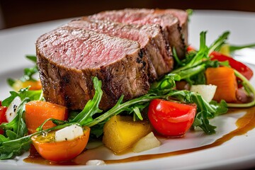 Medium Rare Beef Steak with Fresh Vegetables and Gourmet Sauce on White Plate, Fine Dining Restaurant Style Food Photography