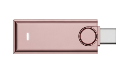 Isolated rose gold USB drive with swivel cover, digital technology and data storage device