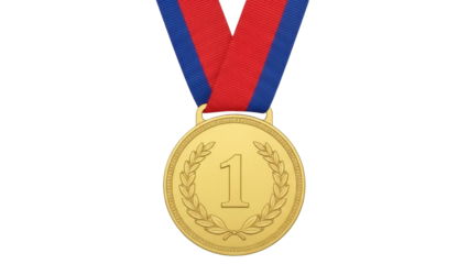Isolated, a gold first place winner medal with ribbon, signifying achievement and success