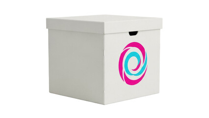 Isolated white cardboard box with lid and stylized swirling swirl graphic design logo art