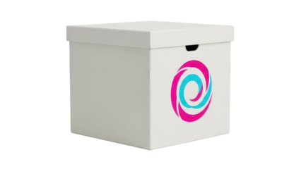 Isolated white cardboard box with lid and stylized swirling swirl graphic design logo art
