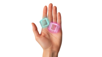 Isolated hand with glowing cubes between fingers, conceptual augmented reality, metaverse
