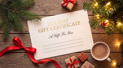 Holiday gift certificate with decorations, presents, and hot drink on wooden table during winter celebration