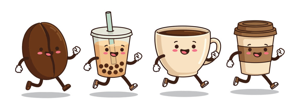  running coffee characters bean cup bubble tea and takeout cup