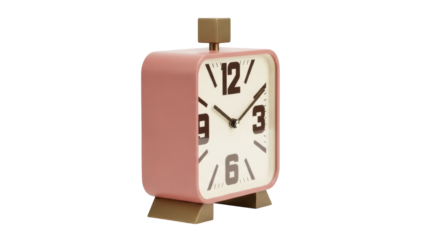 Isolated modern clock with a pink case showing twenty minutes past one in the afternoon