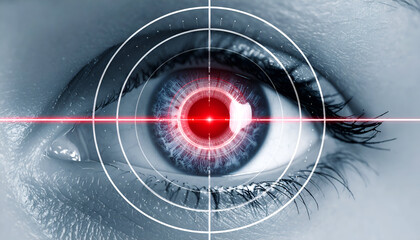Close-up of a human eye with a digital target overlay, illustrating themes of surveillance, technology, vision enhancement, and precision in various fields.