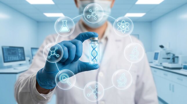 Scientist in lab coat holding vial with DNA symbol and molecular icons