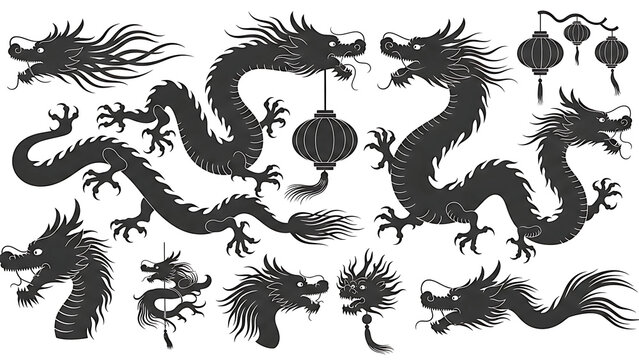 Collection of chinese dragon silhouettes and lanterns isolated on transparent background