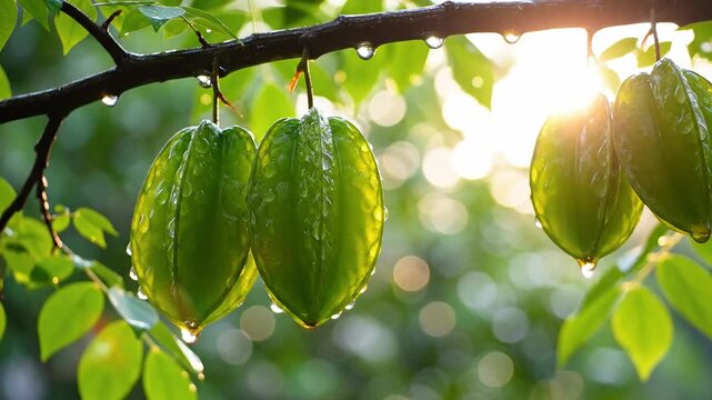 4K Macro Shot of Dew Drops on Fresh Green Star Fruit Hanging on a Branch in Morning Sunlight