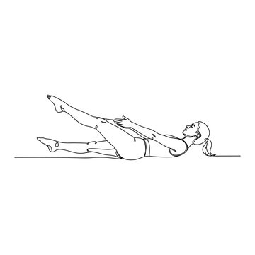Continuous line drawing of a woman performing Pilates exercise, single leg stretch, fitness vector illustration